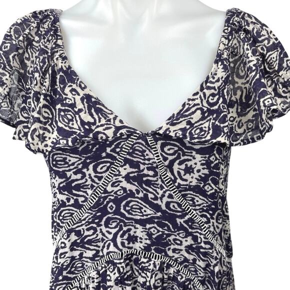 H&M Blue White Paisley Short Flutter Sleeve V-neck Mini Fit & Flare Dress Sz XS - Picture 3 of 5
